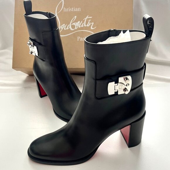Christian Louboutin Lock Black Booties 70mm Block Heel Side Zipper Size EU 39 - Picture 1 of 16
